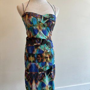 Strapless multi-colored cocktail dress. Hidden side zipper, fully lined.